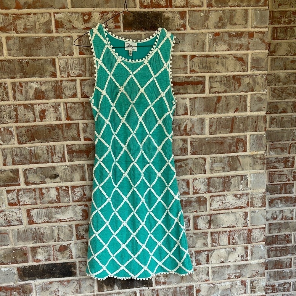 Molly of New York Teal Crochet Diamond Pattern sleeveless A-line Dress